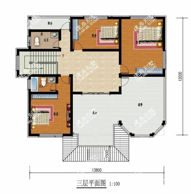 兩棟別墅都帶多邊形窗，然后在三層露臺處都做一個(gè)涼亭，這樣的設計我非常喜歡。