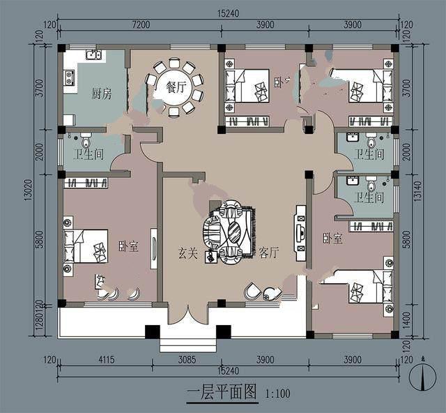 我向你們展示一套新農村的平面圖，寬15米，深13米。它計劃建在豫北的農村。這間公寓怎么樣？