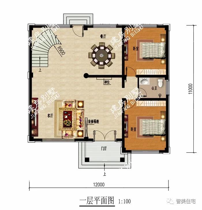 帶空客廳挑空設計的螺旋樓梯的別墅